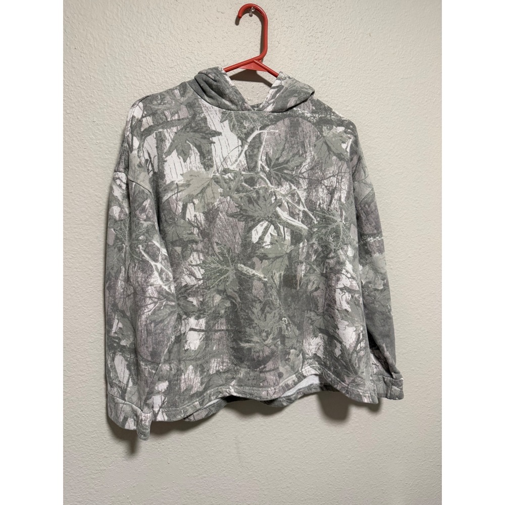 Broken Threads Womens Grey White Camo Leaf Print Hooded Sweatshirt Size S